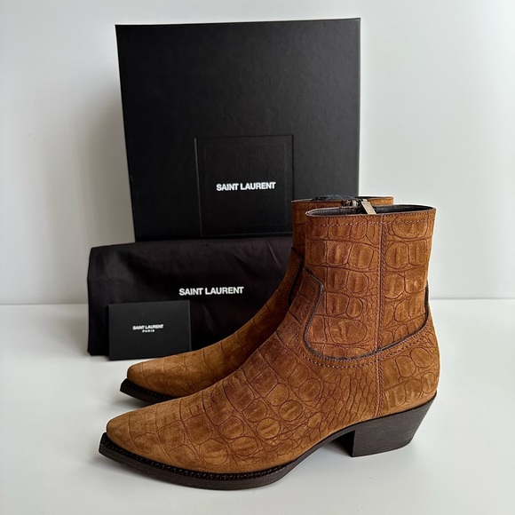 ✨New SAINT LAURENT Lukas Croc Embossed Suede 40mm Zip Western Booties Size 37.5 - Picture 4 of 12